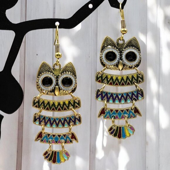Boutique Jewelry - Bohemian Owl Drop Earrings | Colorful Enamel